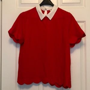 Never Worn Monteau Red Scalloped Edge Blouse